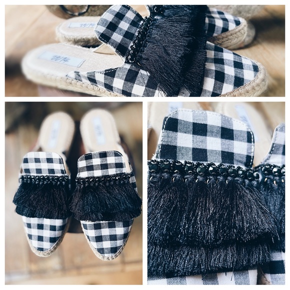 Gingham Mules Jeweled Fringed Espadrille Slides EU 40 NWT VV14 - Picture 5 of 9